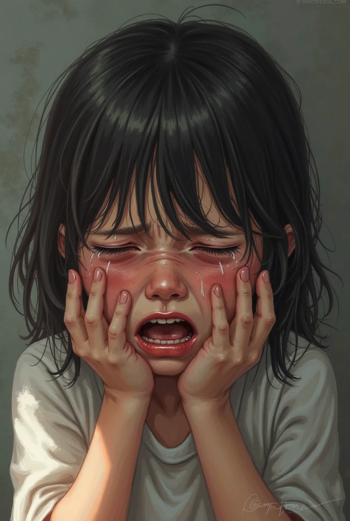 A , a girl, crying hysterically, terrified, many tears, a