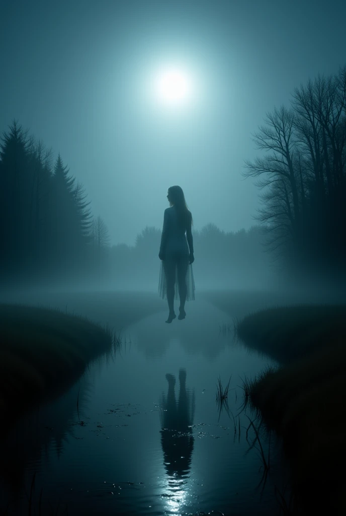 A foggy ghost, looking like the woman Guin, floating over a dark pond in the middle of a creepy moor. full moon light breaks through the thick fog, soft reflexes dance on the water. The camera looks at the eerie scene, with a deep contrast between light and shadow, cool lighting and a menacing, mystical atmosphere. Guinwen is bright and transparent .
