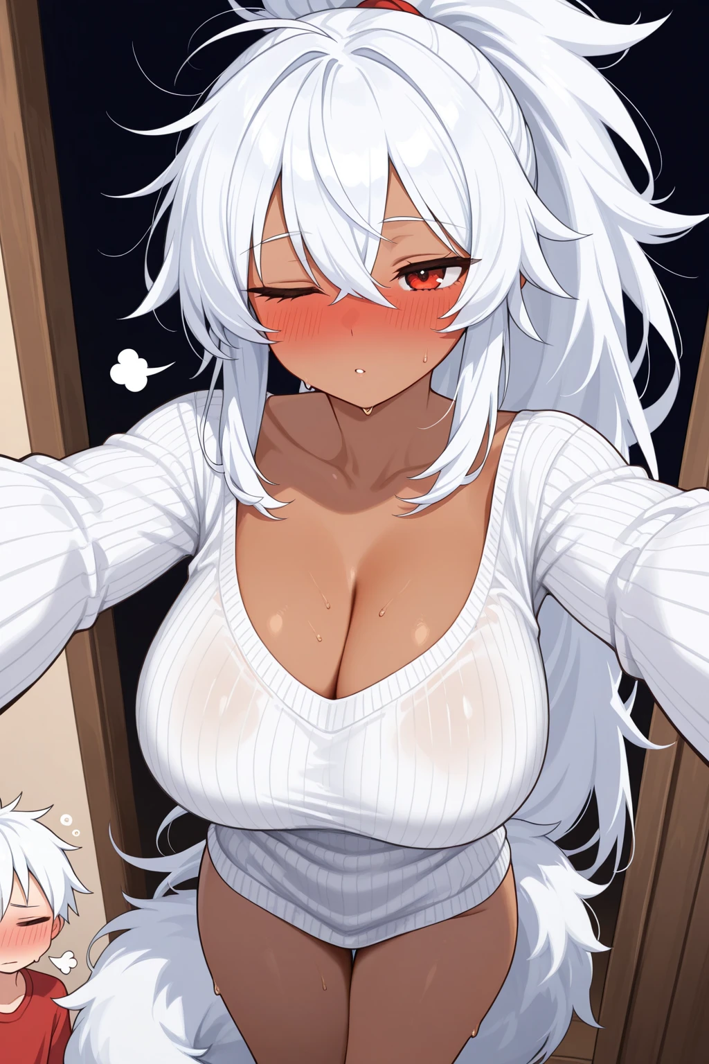 one girl, Shirakami Fubuki, fox ears, white hair, yukata, lying on futon, from above, shy, look at me, love me, naughty mood, upperbody focus, heart mark, kissing face