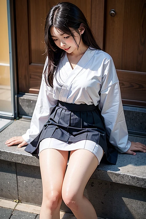 masterpiece, best quality, 8k, super detailed skin, propped up on one elbow (resting), surprise, cute, 1girl, short hair, wearing hakama short skirt, a scientist creates a creature that turns on him, <lora:cuteGirlMix4_v10:0.2>, <lora:tokyoGirl_v10:0.2>, <lora:flat2:-1>