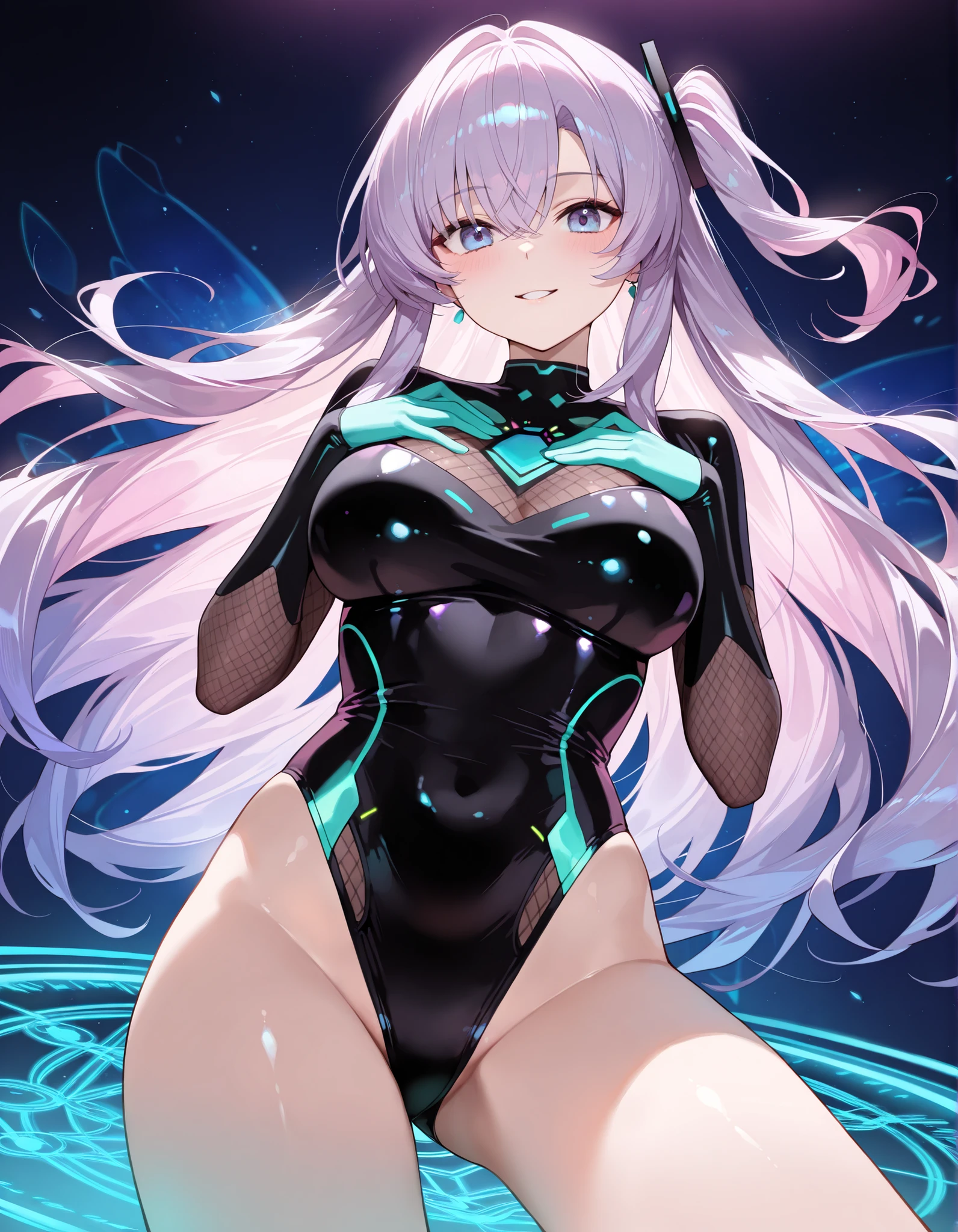 NSFW:1.5,full:1.4、stands、frombelow:1.3、looking at viewer,masterpiece,3D、realisitic、Ultra Micro Photography、best qualtiy、Ultra Detailed CG Unity ,8K,Wallpaper perfect face,intricate detailes、(1 female)、25-years old、((asagi
bodysuit,Taimanin suit,Full body fishnet stockings)),Sexy and dynamic model poses,Erotic pose with legs wide open,Blue hair、Insane Ron Hair、Fluttering in the wind,Bangs、huge-breasted,Huge,pointy breasts,large areolae, (Burst breasts:1.4、Slender and muscular,、Muscular abs,Very small face、tall and perfectly proportioned、Sexy and long legs,muscular thigh,big butts,Emphasis on the crotch,Cameltoe、vulvashaped:1.25,High leg cut latex leotard,Very thin and fitting high-gloss purple holographic leather:1.3, )、Beautiful expression, beautidful eyes,((Very Clean Face、Face Details:1.5、Bright green eyes、Outline of the iris,Beautiful expression、beautidful eyes、shinny eyes、thin lips:1.3、thin and sharp pale eyebrows,、long dark eyelashes、Double eyelashes))、Cleavage breasts、Sexy boldly big、pureerosface, Visible Pore、 perfect hand:1.5、Long Japan sword in hand,battoujutsu stance,arma,ふしだらな、Pose Seductive、stripper、highly dramatic picture、octane renderings、Late night in the rain,City Skyline, Neon light, ciber,Movie Lighting