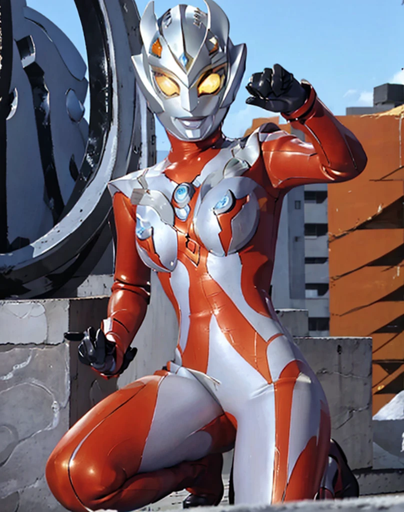 An alien with a silver body and red lines、Female Ultraman、Large milky white eyes