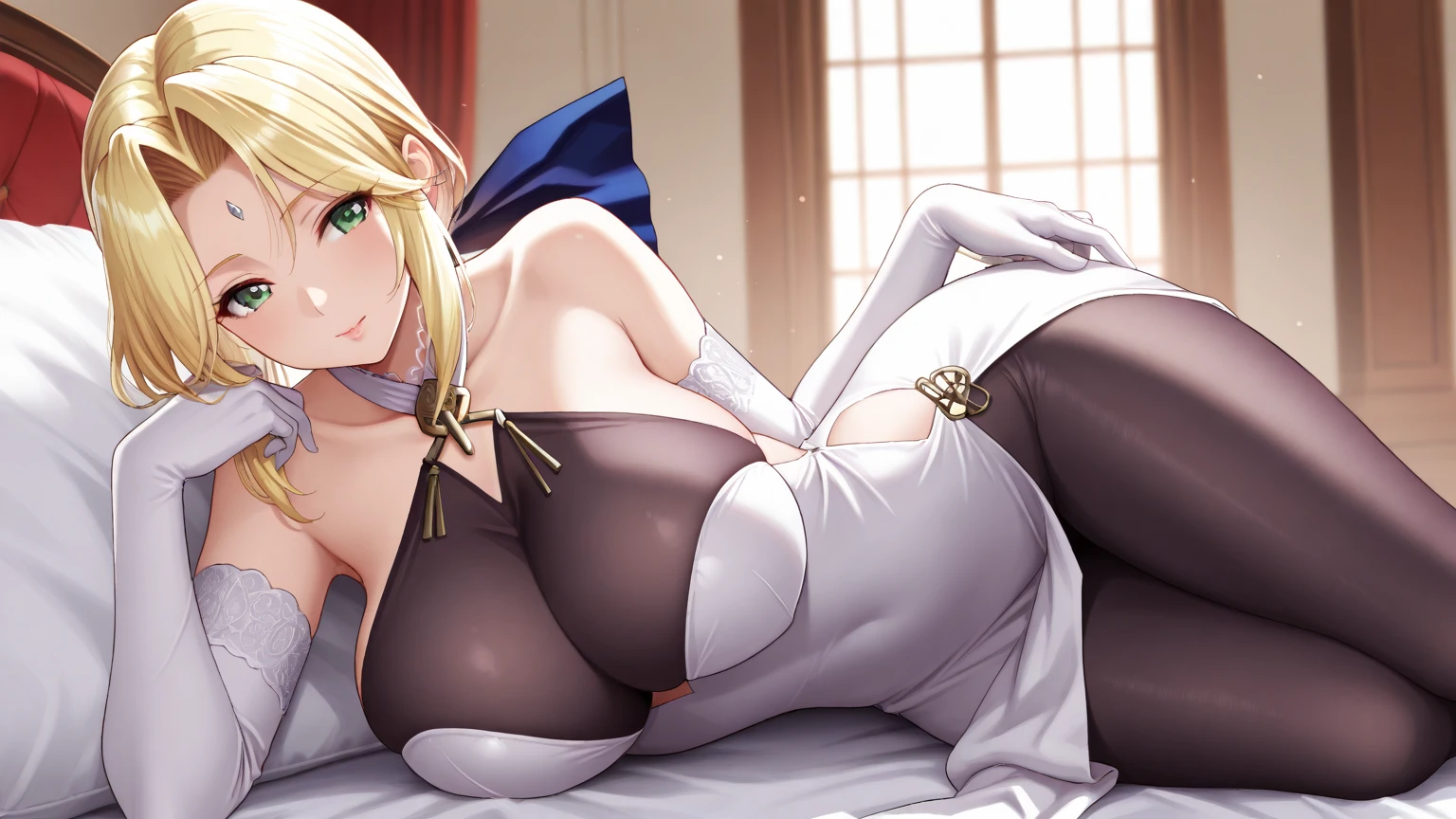 anatomically correct, best quality, masterpiece, high quality, high details, highres, HD, (shaded face:1.2), hollow eyes, blue eyes, looking at viewer, heavy breathing, smirk, uppert teeth, lips, orange hair, long hair, forehead, black dress, navel, a woman sitting on top of a wooden floor, pixiv, in a black chiffon layered robe, covered sfw huge breasts, rendered in 4 k, detailed long black hair