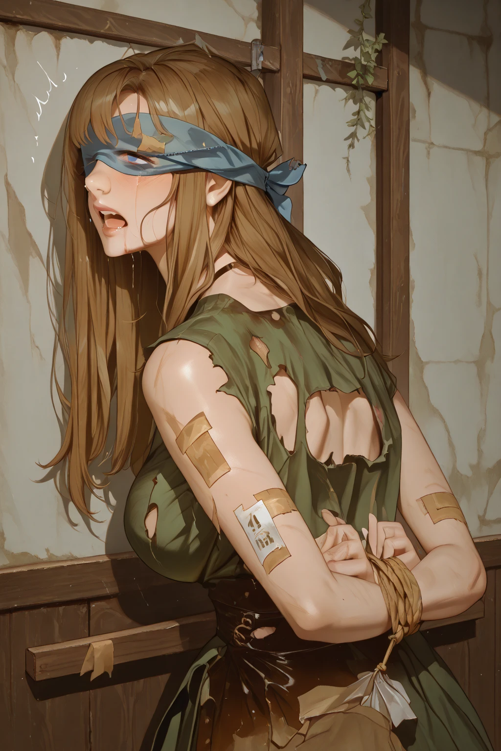 masterpiece, best quality, amazing quality, very aesthetic, absurdres,
solo, upper body,
a tall female, aged up, eyeshadow, eyeliner, mascara, sundress, sun hat, spaghetti strap, collarbone, sleeveless,
brown rope, bound, tied up \(nonsexual\), bound arms, arms behind back,
<lora:ThinOTNGag-Illustrious-V4-06:1> over the nose gag, covered nose,
(confused:1.2), looking at viewer, blush,
sunflower field, backlighting,
----