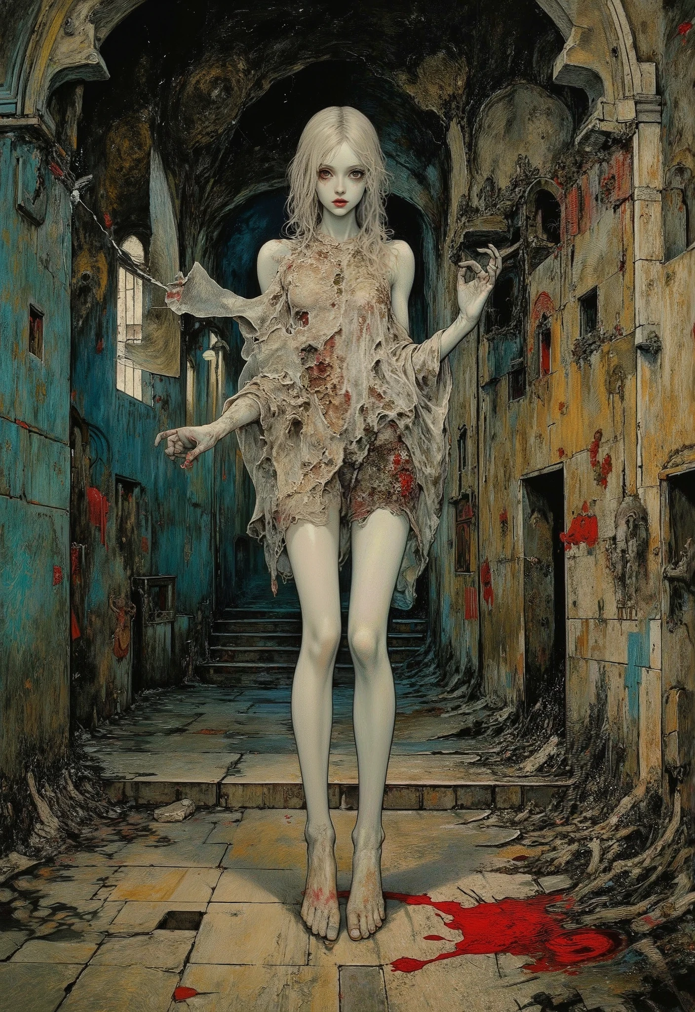 Surreal painting in the style of Zdislav Bekshinsky:An asthenic ghost girl with a pale face and dilapidated body, merging with the architecture of an abandoned Gothic cathedral. There are organic growths on the walls, dim light coming from cracks in the floor, and distorted perspective. Colors: dirty ochre, dark turquoise, muted blood red. Hyper-realistic textures, the effect of antique oil paintings, the atmosphere of decay and eternity. Details: amorphous shadows, fragments of frescoes, unnaturally long limbs of a ghost.