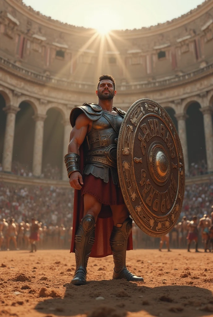 Mighty gladiator, upper torso exposed, legs unclothed from thighs to feet, flowing long curls, detailed muscular physique, lifelike depiction, 4K resolution. Background: Roman colosseum filled with cheering crowd.,32k uhd, best quality, masterpiece, super detail, high details