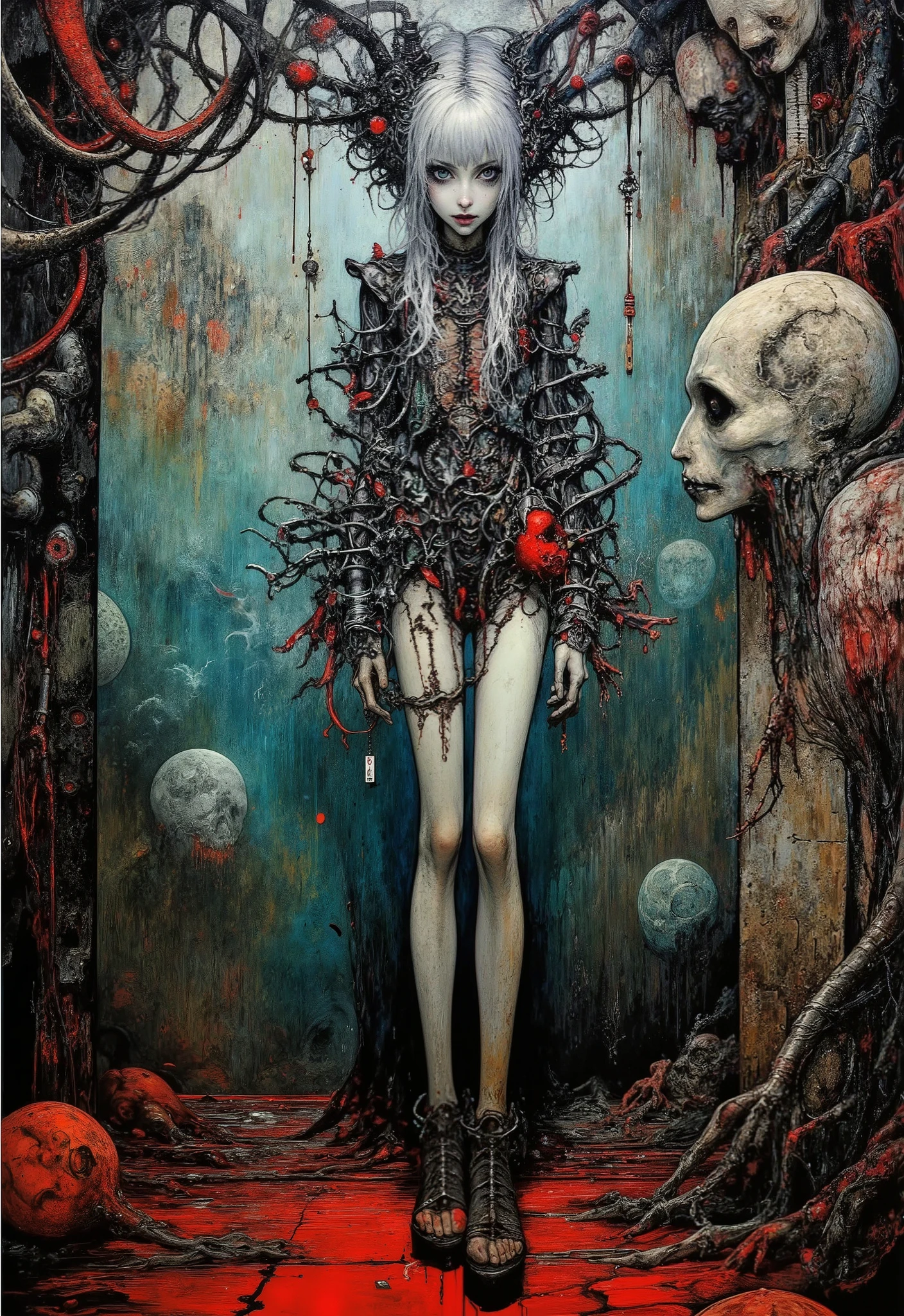 Surreal painting in the style of Zdzislaw Bekshinsky and Hans Giger: a ghost girl with a semi-mechanical body (metal ribs, wires instead of hair) in a ruined Gothic cathedral. The walls are covered with pulsating organic pipes and petrified faces. The floor is living flesh with cracks. Colors: dirty gray, dark turquoise, dull red. Hyper-realistic textures, the effect of oil painting. There is a mist in the air with floating mechanical particles. Atmosphere: biomechanical nightmare, decay, timeless horror
