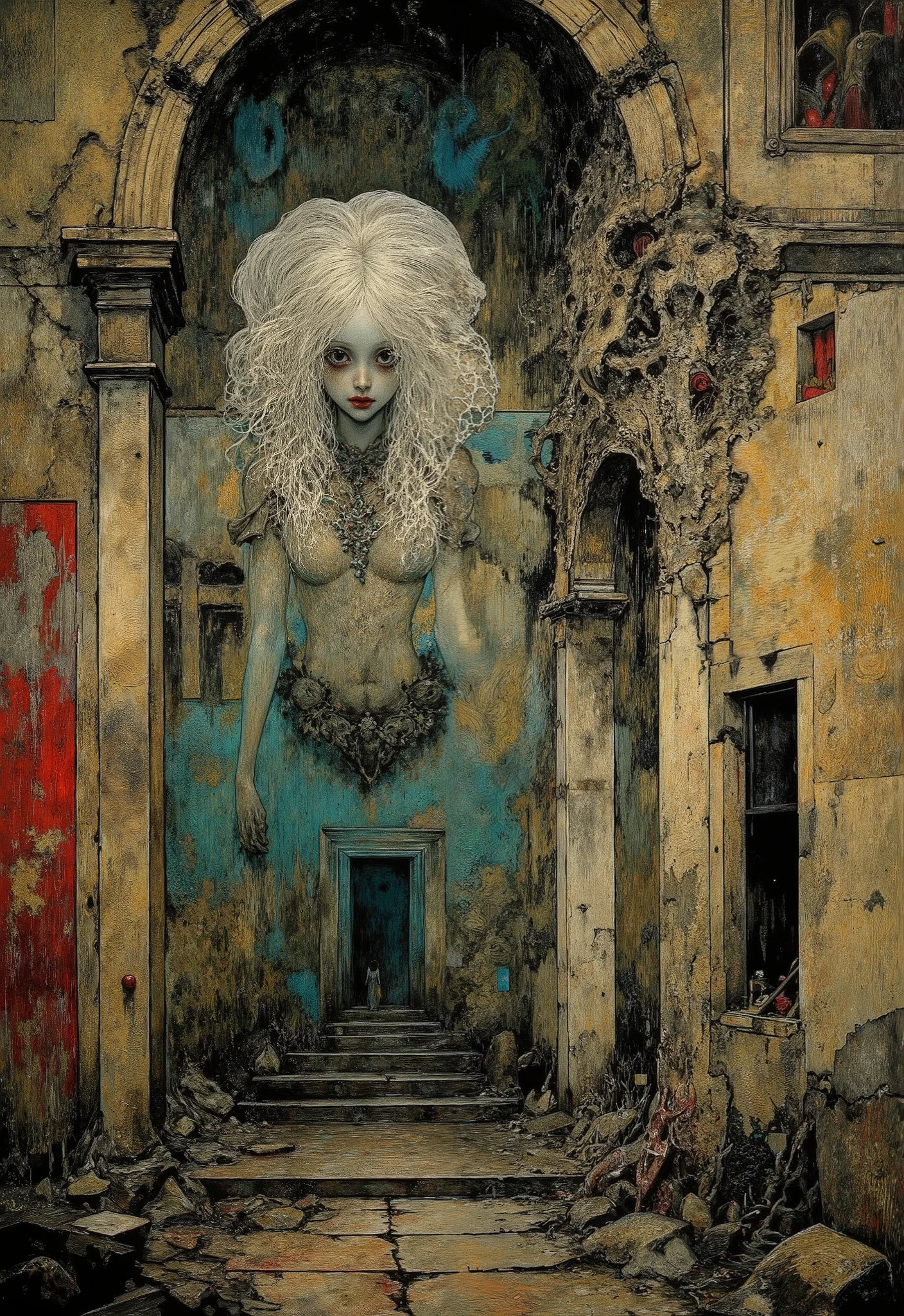 Surreal painting in the style of Zdislav Bekshinsky:An asthenic ghost girl with a pale face and dilapidated body, merging with the architecture of an abandoned Gothic cathedral. There are organic growths on the walls, dim light coming from cracks in the floor, and distorted perspective. Colors: dirty ochre, dark turquoise, muted blood red. Hyper-realistic textures, the effect of antique oil paintings, the atmosphere of decay and eternity. Details: amorphous shadows, fragments of frescoes, unnaturally long limbs of a ghost.