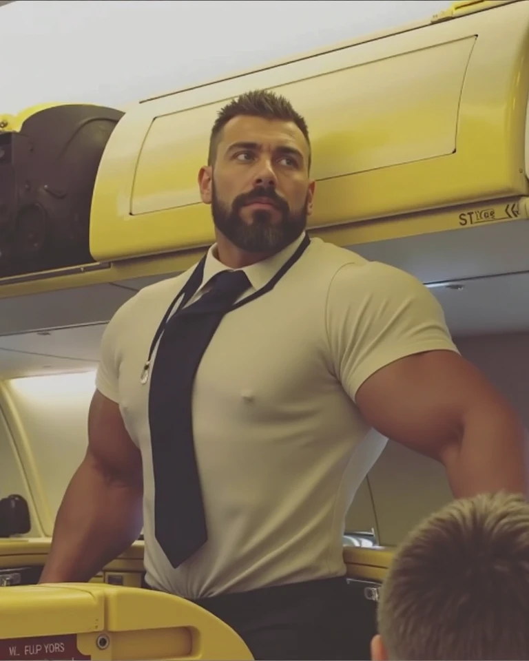 portrait, Hot pilot, airplane, formal shirt, tight trouser, tie, muscular, beefy, formal wear, tight clothes, fully clothed, hairy arms, beard, cute, full body, well built, intricate details