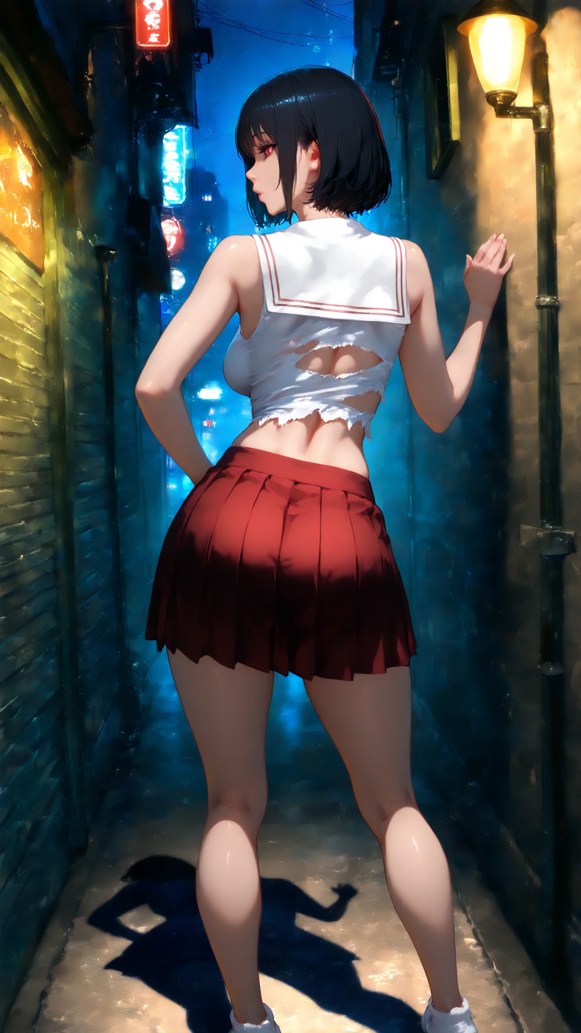 (realisitic,Photorealsitic:1.4),(Behind the Scenes of Their Beauties:1.3),Detailed shiny skin,A detailed eye,Precise hands and fingers,8K HDR, , masterpiece, (Dynamic Angle Video),电影灯光, Finely drawn backgrounds,(The dim,dramatic lighting,No sunlight,near the ocean),Work clothes,colourful hair,Neck choker,Carthage,tourist destination,posterior view,fascinating butt,waist line,Fluttering skirt