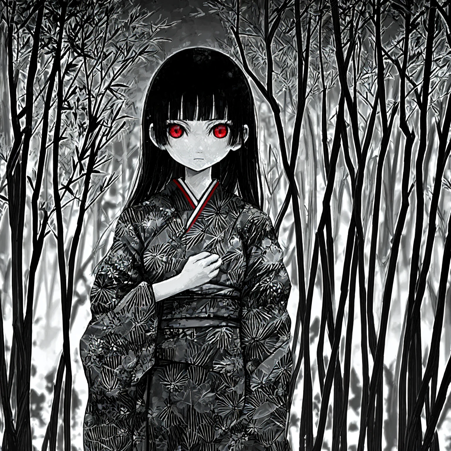 Lots of Red Spider Lily, Outline warm color, Long black hair,Red Eyes。Tears of Blood。Droopy eyes。Pure white kimono。 Light colors。Abstract background。nightmare, Doll-like face, Manga style, rough sketch, Horror elements, (masterpiece), (High resolution), (Very delicate), (clear), (drawing style), warm color, (Horror elements), Japan画, whole body, angle, spooky, Japan, , old picture scroll style, , crazy illustration, antique, Dark atmosphere,, , spooky外観, , creative accessories,