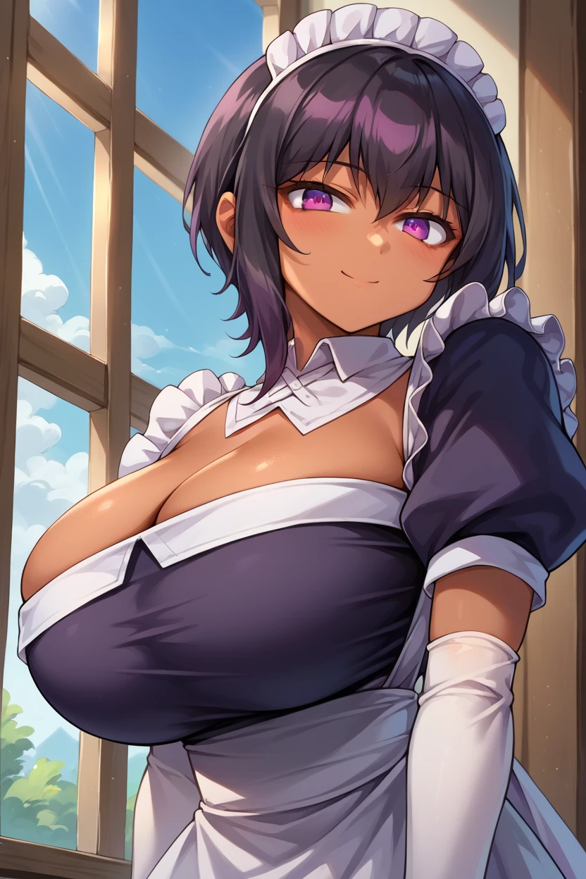 Main piece、high quality、High resolution、1 girl,single, Ruka Sarashina、jewelry、skirt、Maid uniform that exposes the breasts、Japan maid café、black hairの女性、short hair、black hair、black pantyhose, blue eyes, long sleeve, blue hair band, bangs, big full breast, cleavage, Medium waist, medium hips, wide thighs, Cowboy photos, smile, fascinating, embarrassing, blush、lots of people, looking at the viewer,From above、high angle,very big breasts、cleavage、no bra、no panties、no panties、非常に短いskirt、nipple、nippleを出す、nippleからミルクが吹き出す、nippleからミルクが滴る、whole body、whole photo、put one's chest on a tray、put one's chest on a tray