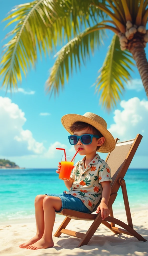 An adorable three-year-old, wearing goggles, is seated in a comfortable rocking chair on a rustic wooden balcony. He holds a steaming cup of coffee in his little hand as he stares out at the beach, onde as ondas tranquilas beijam suavemente a areia dourada durante o nascer do sol. The scene is captured in a realistic and hyper detailed photograph, with a fine rendering in 8K. Every trace of the boy, a textura da madeira da varanda, The soothing colors of the sunrise and even the subtle smoke rising from the coffee cup are so vivid that you feel like you could be there. It's an image that combines the innocence of childhood with the serenity of nature in a single captivating scene.