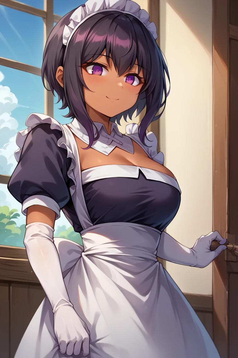 ((Correct Anatomy)),Highest quality, High resolution, (Maid),(mini skirt),(Beautiful legs),(Black knee high sock),Intense masturbation, blush, Embarrassing, smile,The whole body is sweating,Big Breasts,Ahegao,(Black Pantyhose)