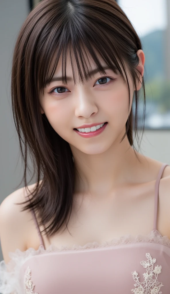 a woman,1 girl,black hair, hair bobbles, longeyelashes, solid circle eyes, light smile, mole under eye, piercing, light smile, shy, puckered lips, Surrealism, drop shadow, stereogram, ass pov, atmospheric perspective, depth of field, first-person view, f/1.8, 8K, super detail, ccurate, best quality, highres, best quality,full body,professional lighting,Cleavage