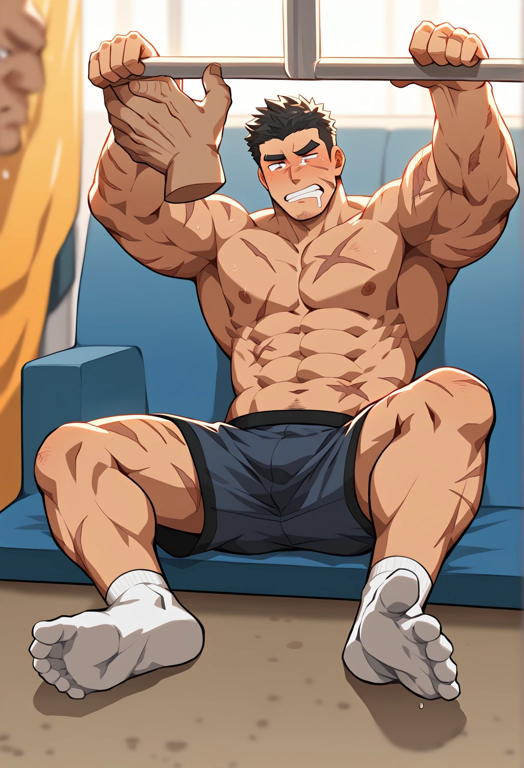 Muscular man comes home from work he takes off all his clothes he is almost naked and sweaty and very muscular he also puts his stinky and sweaty feet on the table Don&#39;s feet are big and stinky with veins and a little dirty his legs have hair his torso is Very muscular, he has hair on his chest and his body is sweaty in his boxers, his member stands out. The boxers are black. His left hand is behind his head, revealing his very hairy and stinky armpit. His hands are on his penis, touching and scratching his testicles. while he masturbates and cums semen comes out he is muscular his arms are big and veiny he is tanned and his hair is black b he has veins in his feet and hands very muscular tanned and stinky tired and with a relaxed expression on his face 