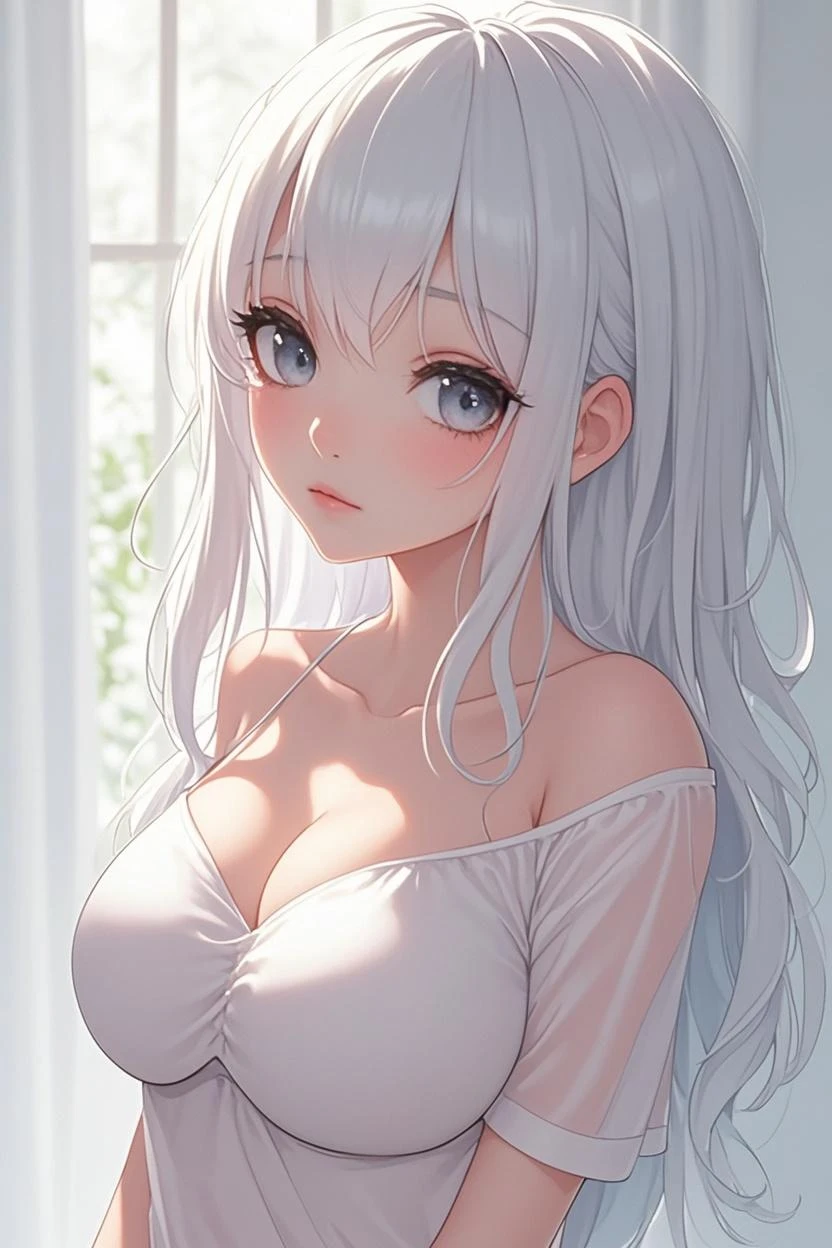 1Girl, 25 years old, Solo, Anime, Ideal body, (Cleavage, Small breast). Beautiful, Gorgeous, Fresh, Blunt Bangs, (White Grey Hair:1.5),(Straight and Wavy Long Hair:1.3), colorful cloth, random cloth, casual shirt, casual dress, casual skirt, camisol, cotton texture, laced cloth, casual pants, Off-Shoulder, Oversize, Comfort, Loose shirt, Fabric Texture. (Sit on bed:1.3). Earrings, Thin Black Headband, Green Accessories, Environmental Details, Bed Room, Natural Light, Modern Bed, Chair, Window, White Curtain, City View. pov, anime style, UHD, retina, masterpiece, accurate, anatomically correct, textured skin. High Resolution, Looking at viewer, Blush, Best Quality, Award Winning, Accurate, Embarrassed, seductive smile, sweating, Naughty Face, Chin up, lips open, Gradient Eye Color, Sexy Pose. Top view shot, body bent to viewer ,front of camera, looking up to viewer, tongue out, open mouth. From Above, Close-Up, (sticky goo on breast), (white goo on body), (sweating). Milk, white milk on breast.