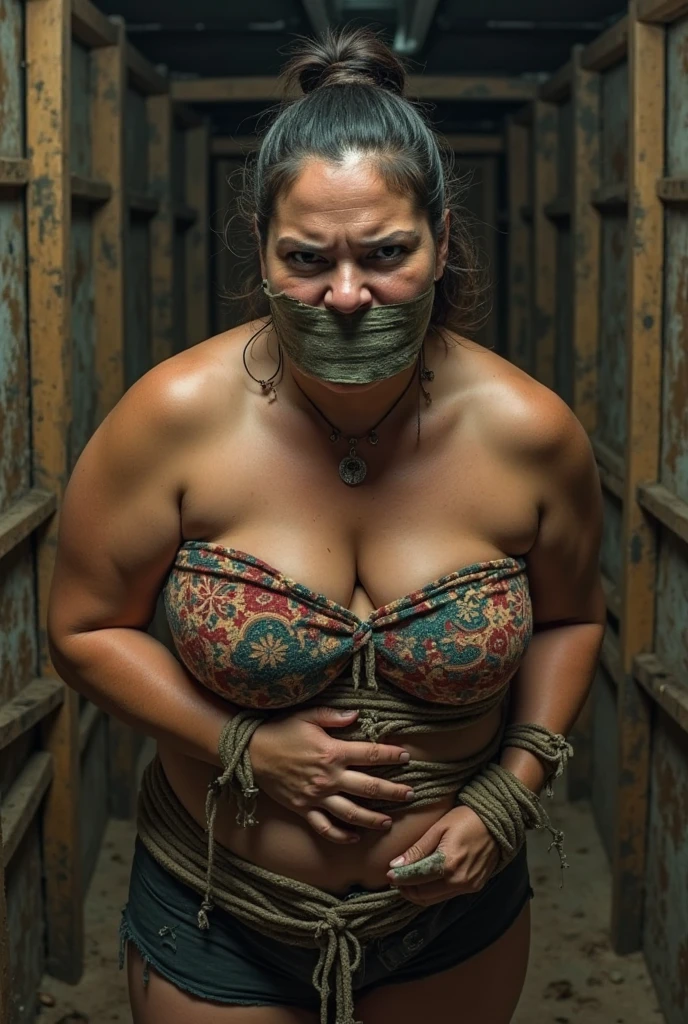 69 years old hijab (((BBW))) malay grandmother, sad face, cream sport bra, wet sweating, old mature wrinkels skin, (fatty wide arm), stretchmark visible, at night in dark room, low light, (((his hands were tied with a rope above his head)))