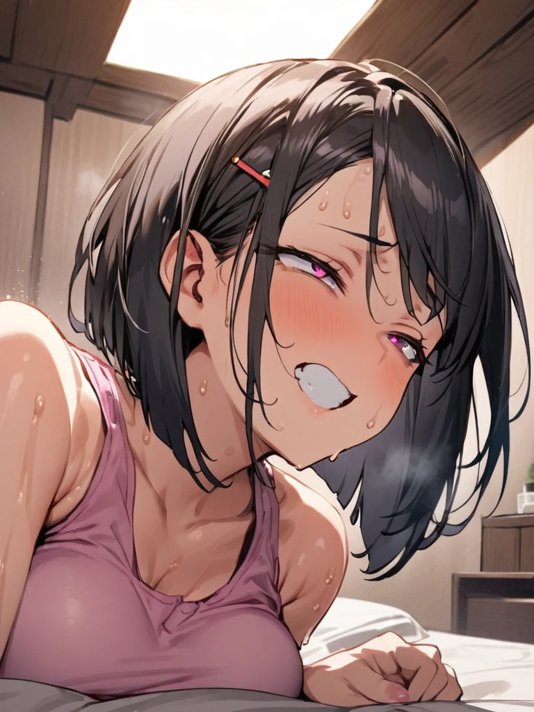 (8k,High quality),(at classroom:1.3), Sexy pink lingerie,Belly button,((Solo,A boy)),(embarrassed and blush,disappointed,constricted pupils:1.2,scared:1.3,tears), (Patience:1.6),show teeth,flat chest,Short black Hair,lowrise bottom,fullbody