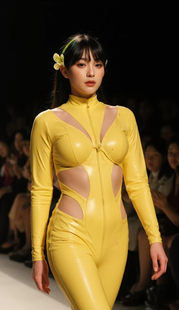 (Best quality, 8k, 32k, Masterpiece, UHD:1.2),Photo of Pretty Japanese woman, 1girl, (medium-short dark brown hair), double eyelid, fashion model, beautiful legs, contemporary cut,unique maxi very wet light yellow dress with slit, off-shoulder, gold belt, choker, stand tall, runway, huge stage, Paris Collection, nsfw, full body, see through,,see-through_blouses,breast_pasty