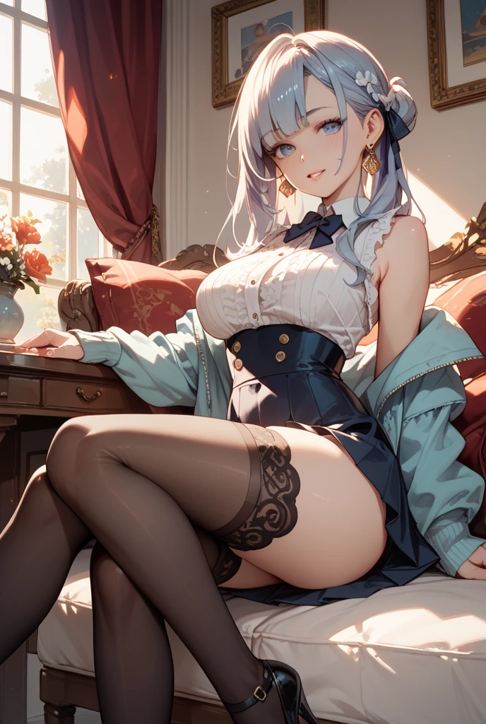 A young girl leaning against a bed，spread thighs，tutor，(White skin of the)，gigantic cleavage breasts，beautifullegs，black lence stockings，high-heels，Perfect flesh，((tmasterpiece))，(Best quality at best)，(Highest definition)