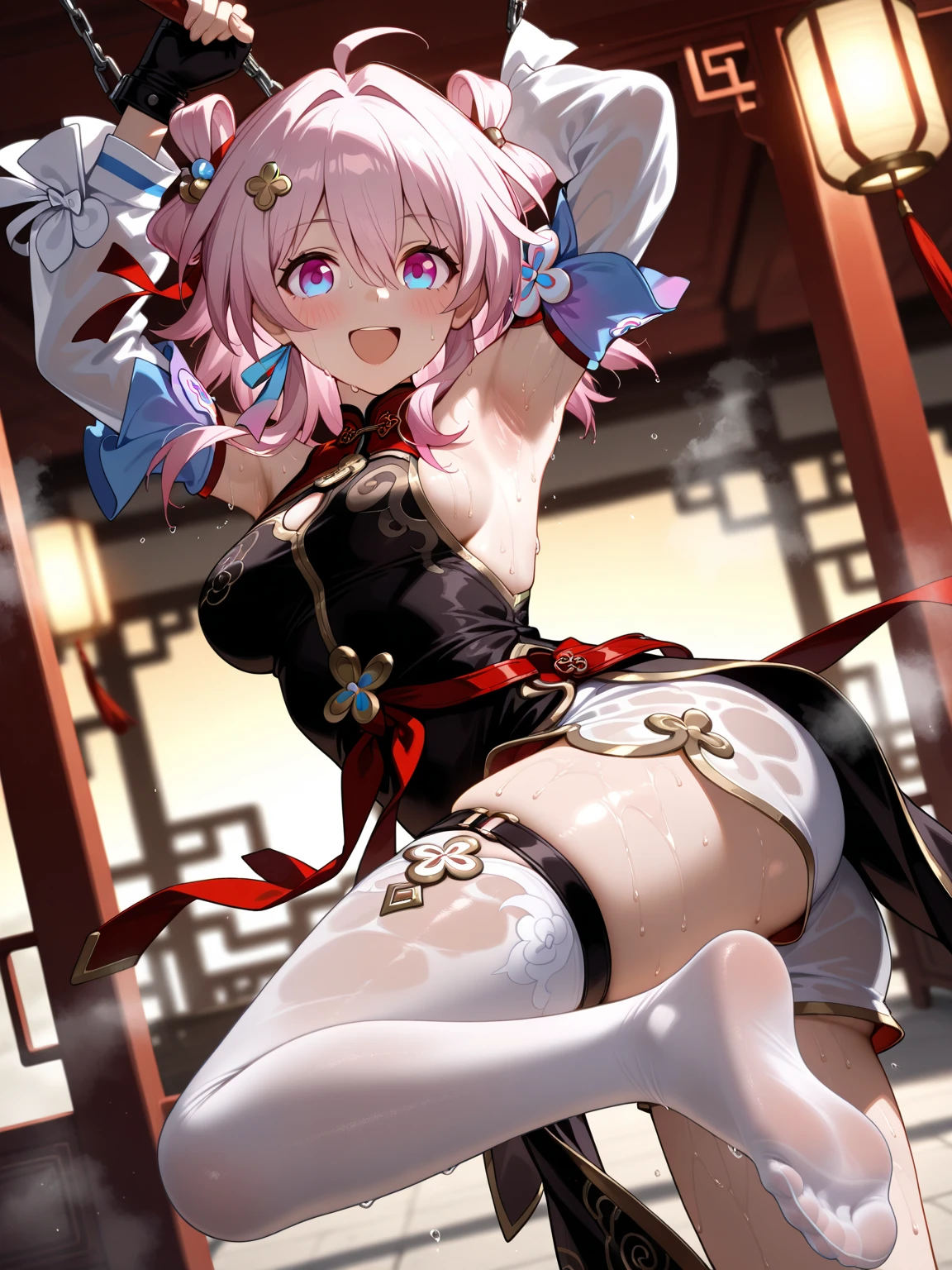 one-girl，夜晚's城市，'s，Very shy，The face is red，purpleeyes，white dress pantyhose boots，2 legs crossed，medium，（（戴着's臂章手套，Place your hands behind your back，lifting up skirt，,skirt lift by yourself，black in color内衣，black in color， Background with，丰富'sBackground with，好看'sBackground with，Guang Ling Ling，Long straight pink hair，No hair accessories，