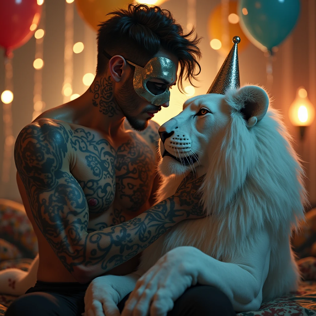 Half White tiger and half man human kissing a man naked, cruise, man having sex with other man. Nighttime , white party, gay flag