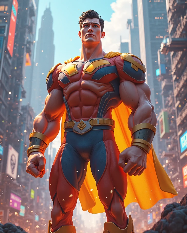 Dressed as the superhero “Mental Mind” a very handsome, sweet and truly massive monster Caucasian bodybuilder is showing off his huge bicep muscles and meaty thighs. Intense young adult. brown hair, powerfully muscled, massive shoulders and biceps. well-defined six pack. Thick gold necklace. Eye mask and cape