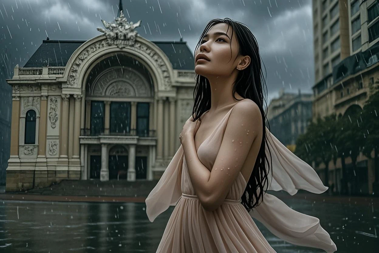(highest quality、4K、High resolution)、Portrait、Beautifully detailed eyes、Perfectly shaped nose、Full and seductive lips、Shiny wet hair、A visually striking face、Ideal Body Proportions、A feminine and primitive see-through dress、Stand on a rooftop and look out over the city skyline、Tall modern skyscrapers、There was a strong wind blowing.、(Heavy rain is pouring down from the dark clouds:1.6)、Dramatic lightning lit up the sky、My wet clothes were sticking to my body、Standing gracefully and confidently on the rooftop、Dresses fluttering in the wind、Eyes staring straight into the camera lens、It creates a fascinating and powerful connection.、natural breast、