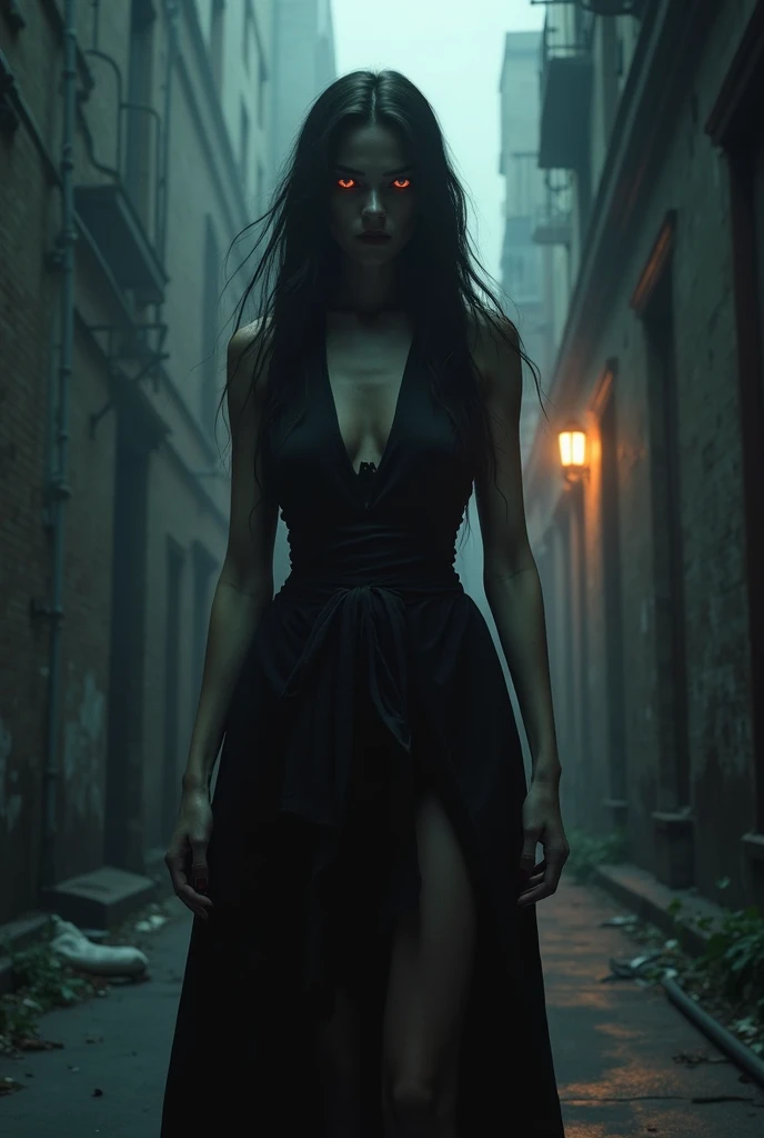 A beautiful and mysterious demoness with long, flowing black hair cascading over her shoulders. Her eyes glow with a mesmerizing crimson hue, and her skin has a soft, otherworldly sheen. She stands in a dimly lit chamber, surrounded by ancient, glowing runes. Her figure is accentuated by a tight, dark gown that clings to her curves, as she exudes an aura of dangerous allure. Aim for realistic depiction, make sure photos are at highest resolution (8K)