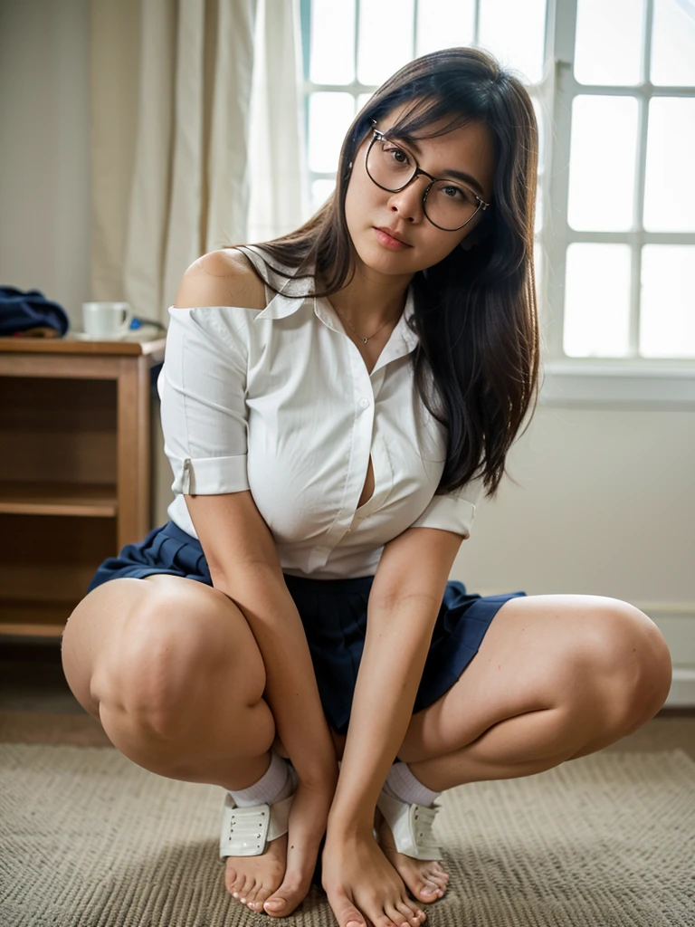 ulzang-6500-v1.1,(OriginalPhoto:1.2), (Photorealistic:1.4), beautiful detailed girl, Finely Beautiful Eyes，big eyes，Low-cut T-shirt，Tight T-shirt，blackstockings，busty lady, bigger breasts，A short skirt，Pleated skirt，wears glasses，braid hair，Plump body，lovly，is inside a school room，Many people，crowd people，bountiful breasts，bigger breasts，Smile with，shylily，Sits，White-colored skin