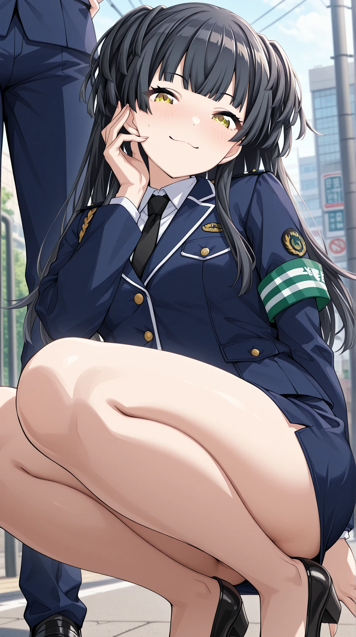 Highest quality、masterpiece、8k、Realistic、超High resolution、Very delicate and beautiful、High resolution、Cinema Lighting、medium range shooting、Perfect female body、Beautiful woman、Mature Woman、Beautiful Eyes、Cityscape、(Long Hair:1.8、Black Hair)、((female officer:1.4、紺色のfemale officer、female officerの制帽、Uniform Buttons、Navy blue tie、Jacket、White gloves))、Pencil Skirt、Stiletto heel pumps、badge、Epaulettes、((Are thin、Small breasts))、((Unbutton and flip up your shirt:1.4、Showing off your bra)),　blush、Embarrassing、Sweat、Sigh、((Sitting with legs spread:1.5))、Park during the day、Lifting her skirt to show her panties、Black checked bra and panties、