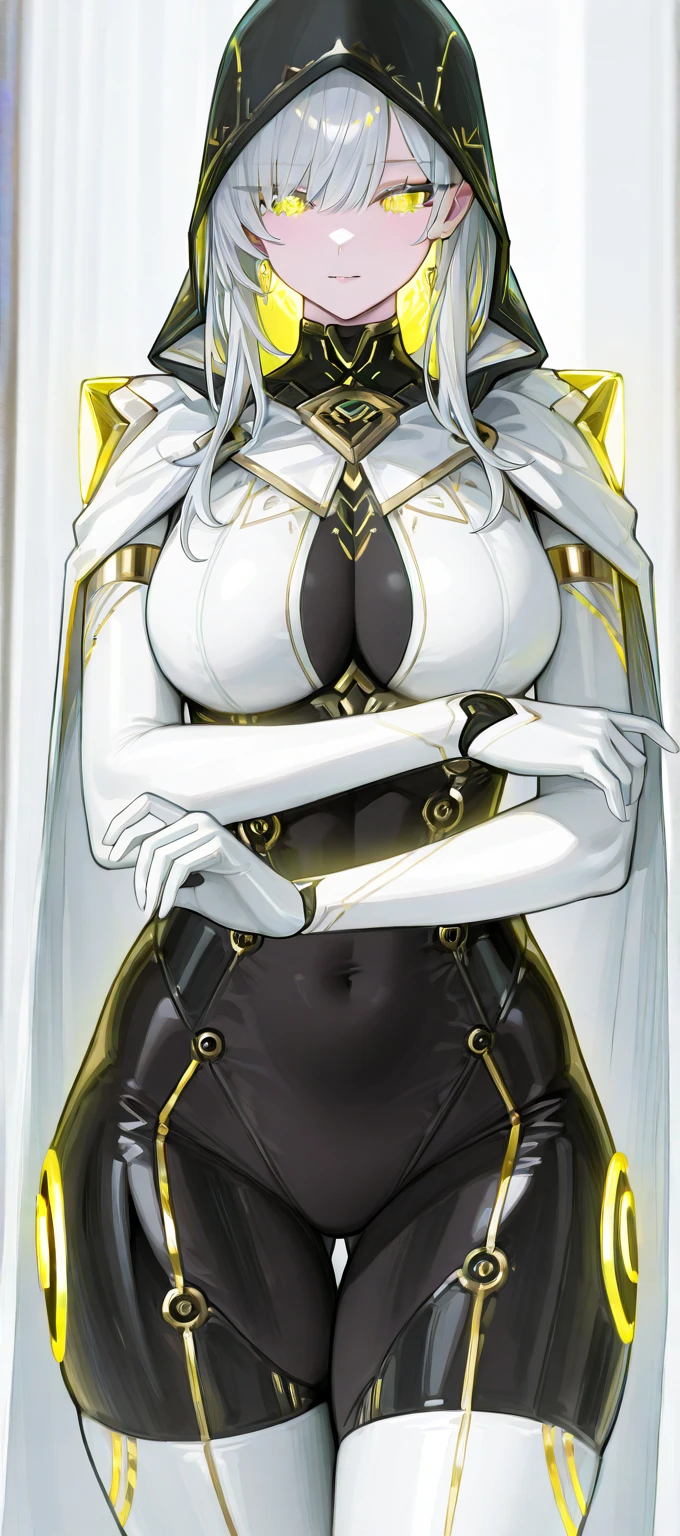 Pirotess,, (yellow eyes), white hair, silver hair, very long hair, straight hair, solo, adult woman, tall, slightly muscular, large breasted, cleavage, constricted waist, Toned body, slight abs, thin dark skin, pointy ears, lipstick, makeup, black eyeshadow,, circlet, white short dress, jewelry, bracelet, white gloves, thigh boots