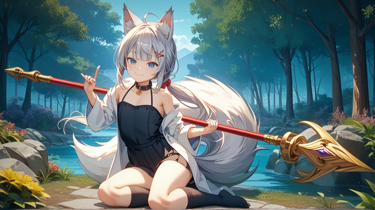 ((Masterpiece)), (Best Quality), Solo, miosha1, hair ornament, ponytail, wolf tail, swimsuit, white shorts, thigh strap, black jacket, leaf print, collar, string bikini, (NSFW:1.2)