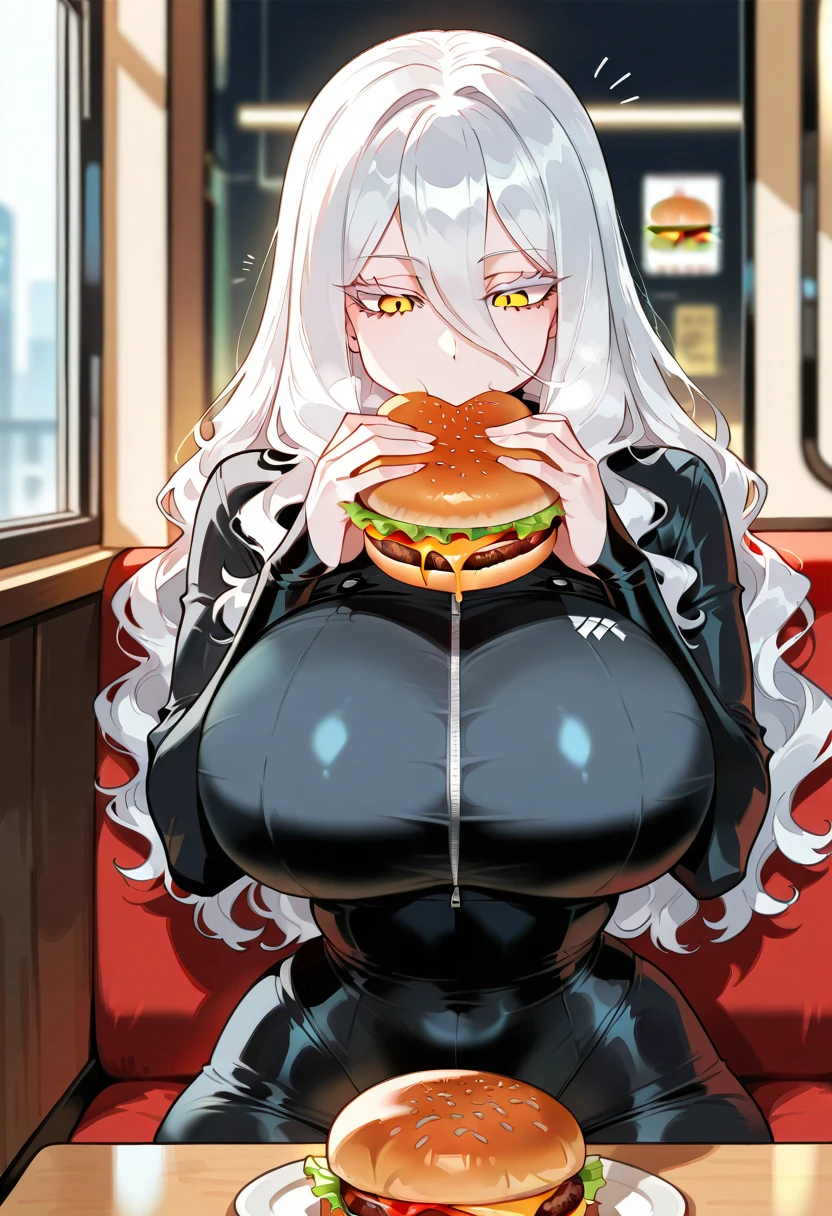 Rogue from X men Evolution, girl fat, obese body, bigger belly, bigger ass, bigger breast, large thighs, wide hips, sexy, stockings, red and white hair, short night dress, laboratory, day, dark dress, black dress, black stockings, black and black shoes, sitting, eating hamburgers, hamburguers, (Masterpiece:1.2), best quality, high resolution, beautifully detailed, extremely detailed, perfect lighting,