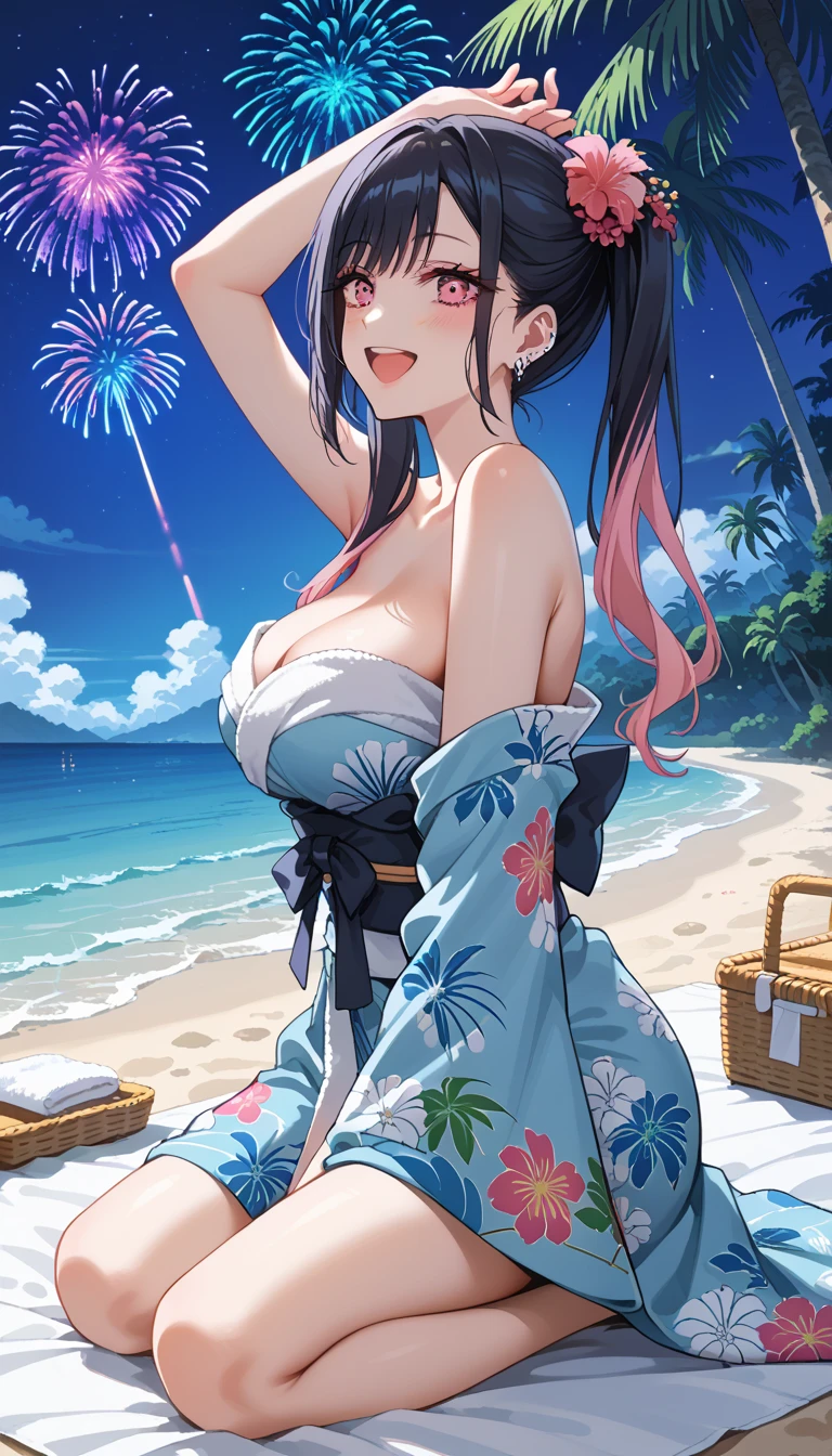 Anime Kawaii sexy Perfect Slim sensual body large breast and huge thighs, An intricate and highly detailed illustration of anime (Young girl).moon、Starry Sky、firework、Ocean、Sandy Beach、(Realistic Shadows)straight-on、breast focus、Twin tails、White scrunchie、Long Hair、(colored inner hair　black hair + pink inner hair)、Blue eyes、medium breasts、stylish pose、smile、A good wink(Drunk:1.2)head tiltskinny　、slim wais、 White micro bikini
