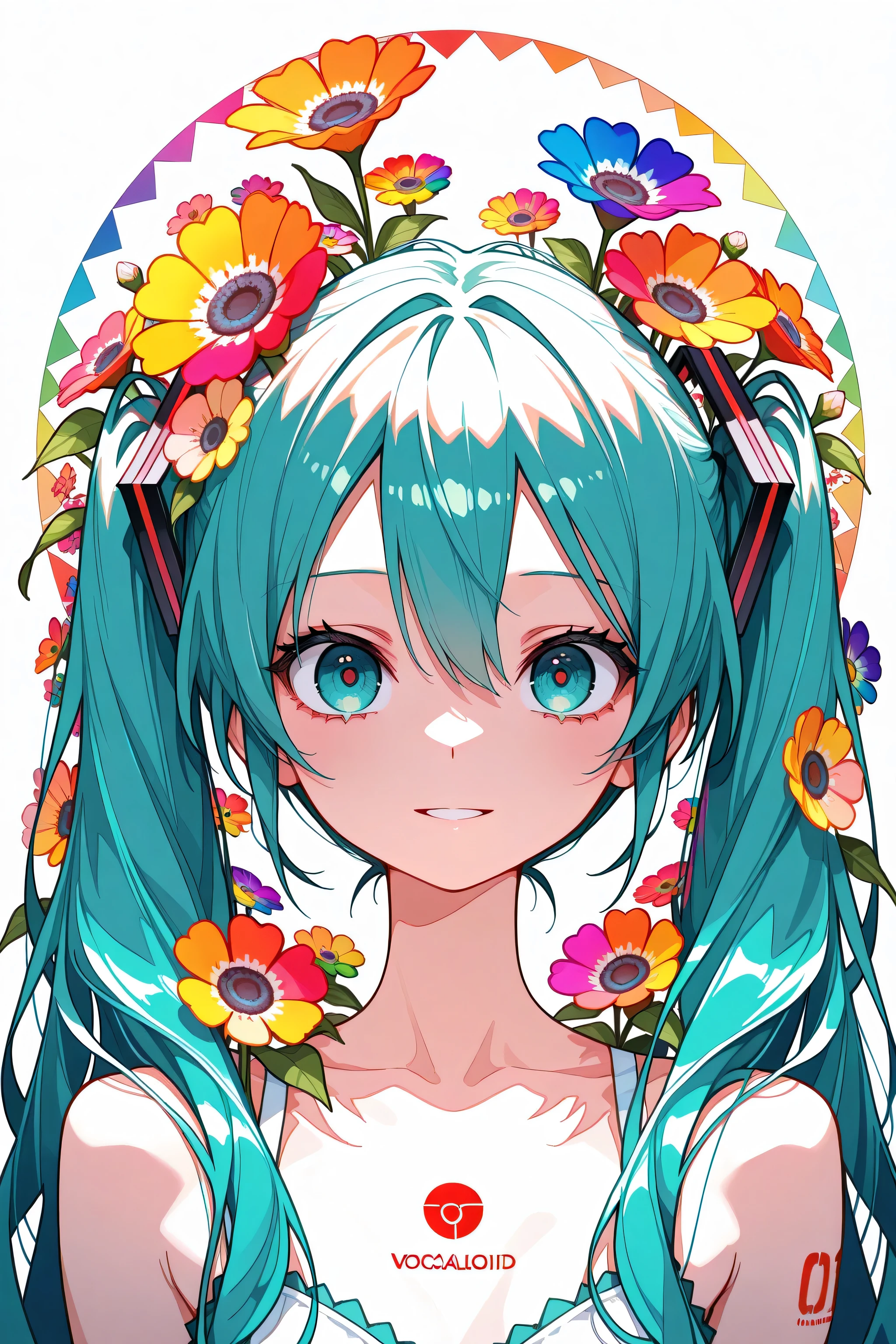1girl, hatsune miku, vocaloid, portrait, straight-on, masterpiece, best quality, very awa, newest, highres, absurdres, an extremely delicate and beautiful, original, illustration, amazing,,big empty irises, unsettling, creepy, minimalistic line logo, tessellated geometrical design, symmetrical, vectorized, white background, digital style, colorful flowers,
, colored pencil