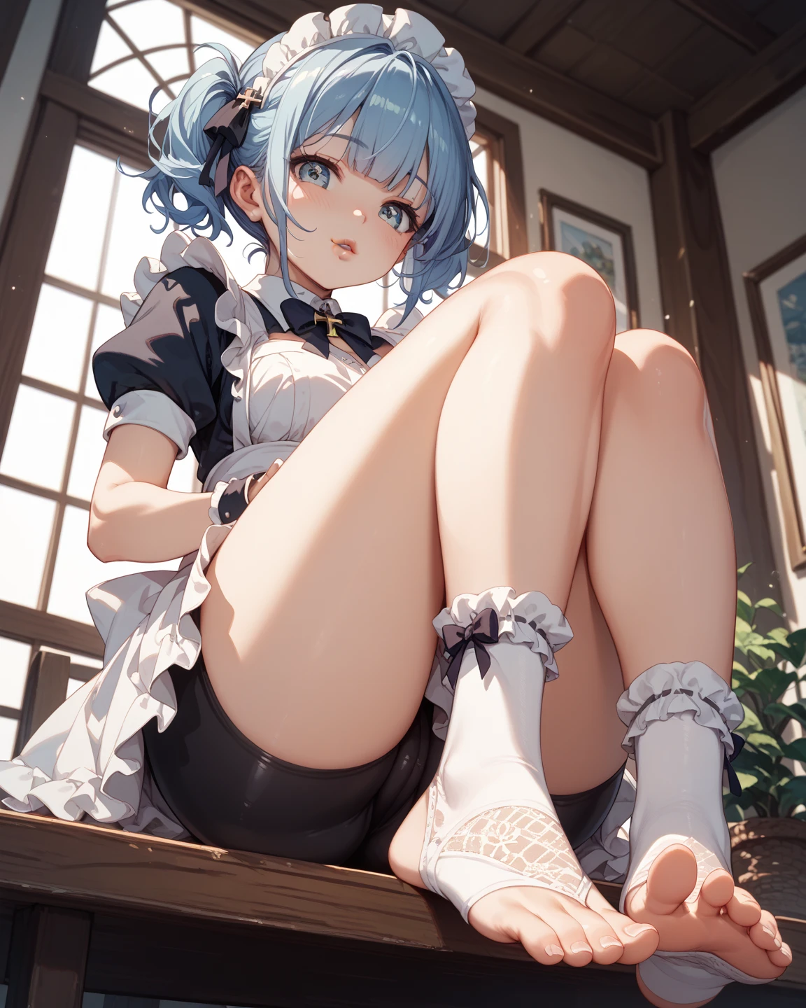 score_9, score_8_up, score_7_up, rem_\(re:zero\)
blue_eyes,hair_over_one_eye,short_hair,blue_hair,hair_ribbon,roswaal_mansion_maid_uniform, 1girl, solo, sitting, crossed legs, from below
Masterpiece, best quality, detailed eyes, perfect face, award winning, hyper-realistic