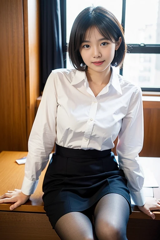 Highest quality、masterpiece、8k、Very detailed、Realistic、One girl、Looking at me with a smile、Black Hair、Short Hair、Small face、Slender、Big Breasts、Thin and beautiful legs、narrow and constricted waist,、(A tight-fitting shirt with an open center:1.2)、Tight Skirt、Dressed like a female teacher、(Erect nipples:1.2)、(Only the middle button of the shirt is undone)