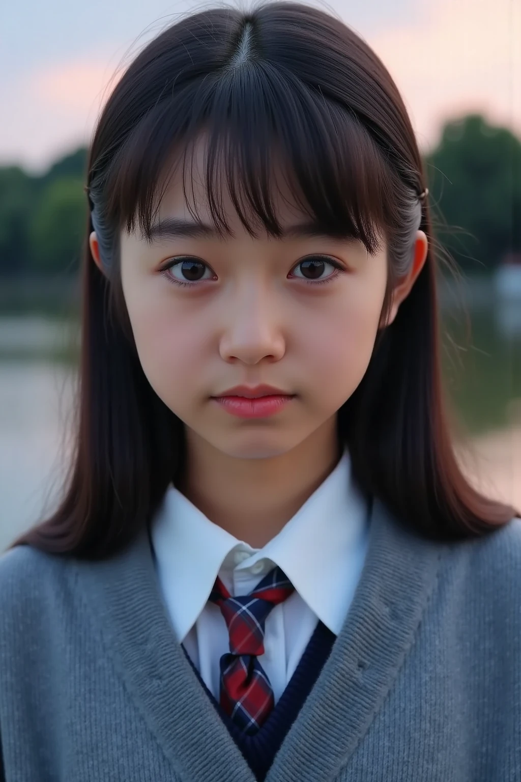((highest quality, masterpiece :1.3)), Photorealistic、Ultra-high resolution、Natural skin texture、Hyperrealism、Ultra close-up、12 year old beautiful Japanese girl、Twin tail hair、well-shaped breasts、White collared shirt and tie、mini skirt、Frightened expression