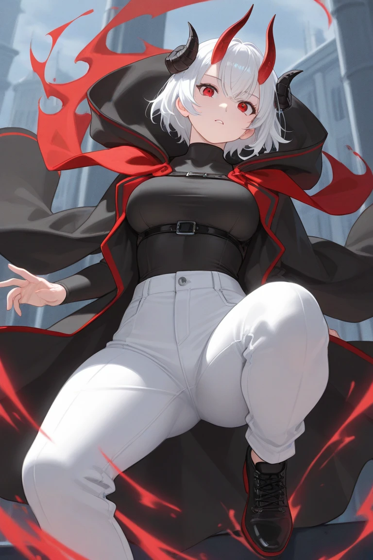 (top-quality, in 8K, 32K, masterpiece, A high resolution, Impressionism, Photorealsitic:1.2, anime style), (((((detailed faces and eyes, beautiful face, black eyes, red x-shaped pupils, cold expression))))), (((Masterpiece, 1 mature female, solo, Arlecchino, white and grey jacket with long sleeves, black trousers, high collar, formal suit, white hair with black streaks, black gloves))), Cinematic, (((( big belly, massive breast, massive ass)))) 4k, fantasy world ((((fart, farting, massive fart, back view)))),(((happy)))