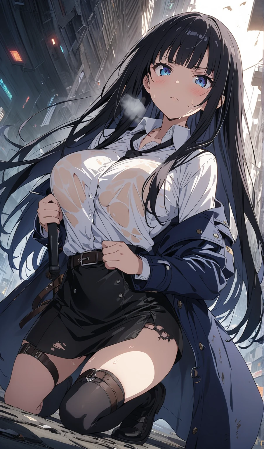 ((masterpiece,best quality)),nsfw,after rape,1woman solo,cowboy shot,20歳の美女、black hair,long  hair,blunt  bangs,black eyes,crying,drooling,ideal ratio body proportions,小さい頭、slender body,medium breasts,gleaming skin,Perfect Anatomy:1.3,arms behind back,sitting,(spread legs:1.5,cum in vagina,cum on body,excessive cum),sweat:1.2,濡れた股間,(((黒色のブレザージャケット、白色のシャツ、open clothes,bottomless、vagina))),電車、(駅構内)雑踏、東京、