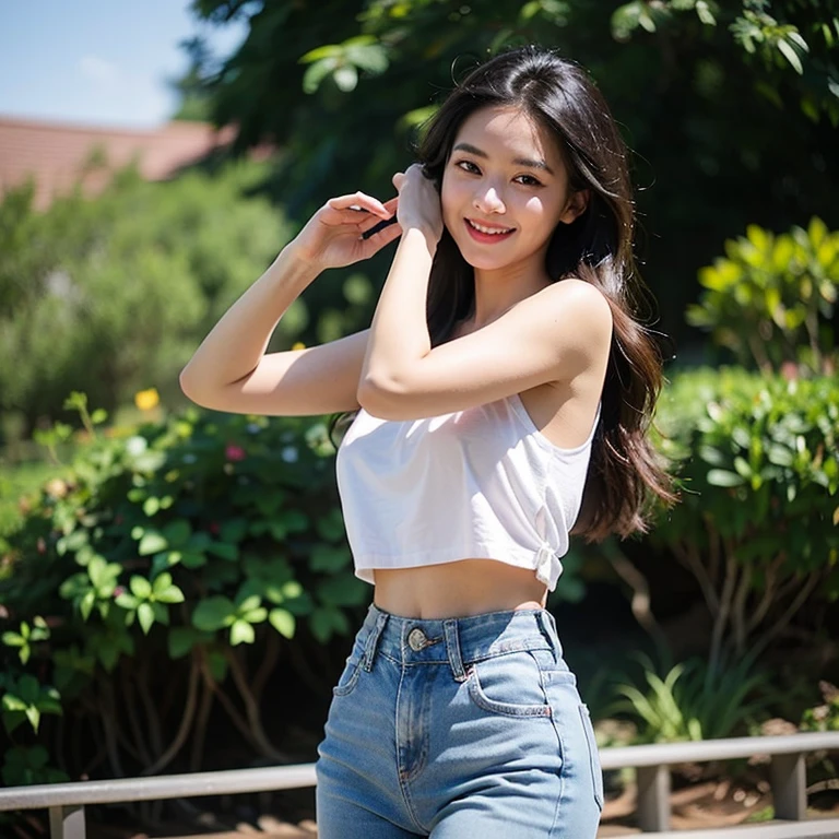 white t-shirt、denim、medium breasts、valley、A beautiful woman with a sense of transparency、cute、smile、spread legs、light blue wall as background