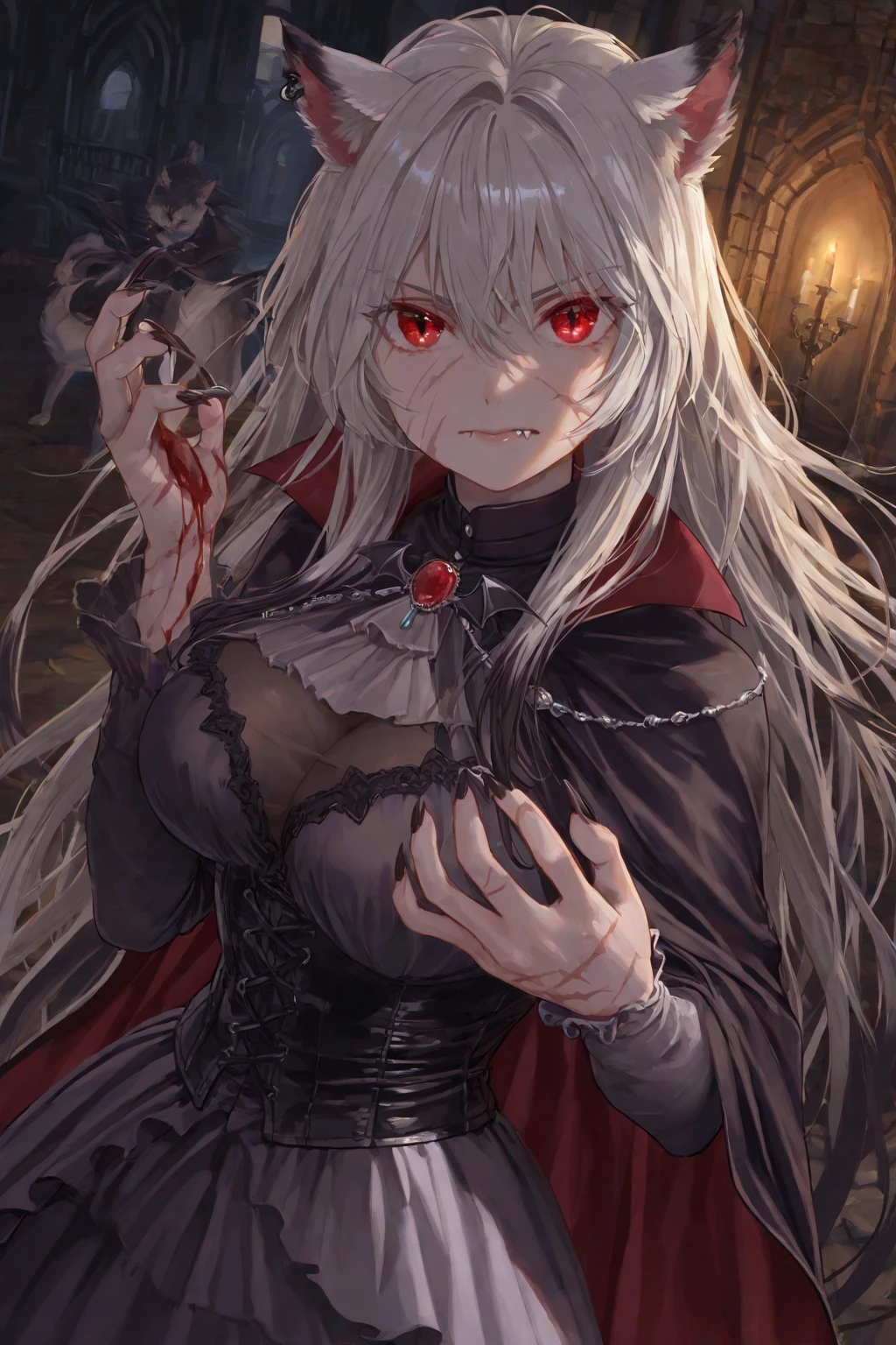 Delicate features,gothic ribbon headband , Eyelids wide open, The trend is all,Crazy Smile, Open your mouth wide, 口を開けてteethをむき出しにする,獣のような鋭いteeth, Wide lips, very wide mouth, Vermilion cheeks, Blonde, Princess Cut, Ribbon hair ornament, brooch, Shiny candy blue dress, Gold embroidery,Lolita Style, Gothic style, Facing the audience, Otaku Room, Well-built body, Nice body, Ample breasts, Thick body,Eyes Wide Open、Scary atmosphere、Distorted facial expressions、ねじれた笑face、Bloodstained、bleeding from the head,、Blood splatter、whole body、Long Hair、Long bangs、(((Dark circles under the eyes)))、Pale skin、Feeling unwell、Pathological、邪悪な笑face、Crazy Eyes、(Grin)Dramatic makeup,Create mixed media art,Well-built,Nice body,Broad shoulders,I focus,(face),Messy Hair,Yellow Eyes,(Glowing Eyes),(Blood splatter:1.6),Red light,笑face,big 笑face,teeth,psycho 笑face,gesugao,Dark city background,darkness,night,(close),Good Eyes, 良いteeth,サディスティックな笑face,,all,Shiny skin,詳細なface,Beautiful body,whole body油まみれで光沢感がある whole bodyから湯気が出ている Steam like a sauna room fills the screen.. White breath from the mouth Luxurious lace long gloves