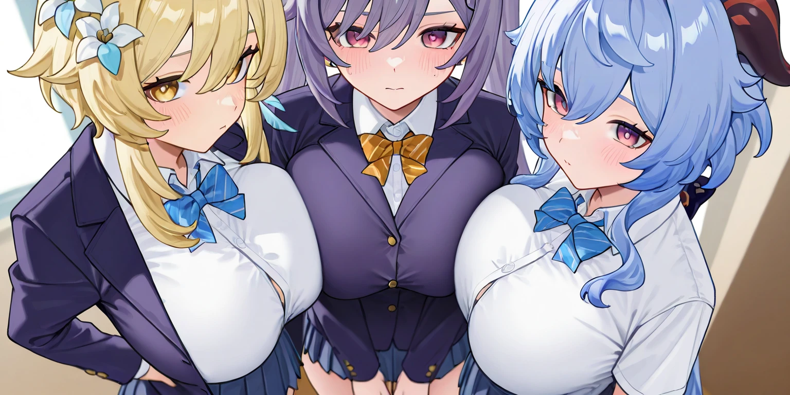 score_9, score_8_up, score_7_up, score_6_up, game_cg, source_anime, (4girls), idol unit, vtuber, virtual youtuber, multicolored hair, looking at viewer, blush, multiple girls, (idol costume), idol uniform, cleavage, indoors,  press, take your pick,  slip, (dim lighting), skirt lift, , dripping