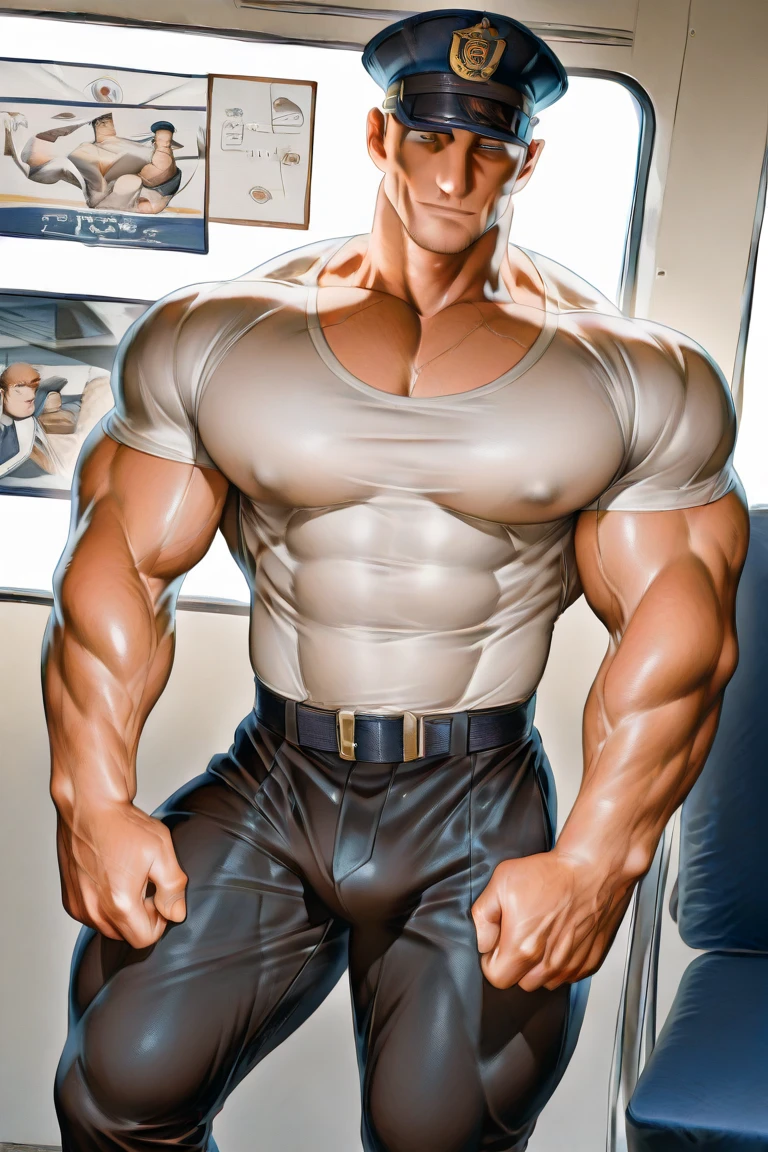 (medium_wide_shot), white man, (45yo), (silver_haired), handsome, hunk, beautiful man, beard, muscled, beefcake, hunky, sturdy, hairy, (white tank top), red_shorts, bulge, (cap with the word COACH), (coach_whistle), detailed_face, detailed_eyes, looking at viewer, front view, (full_frame), cool sneakers, lockers_background