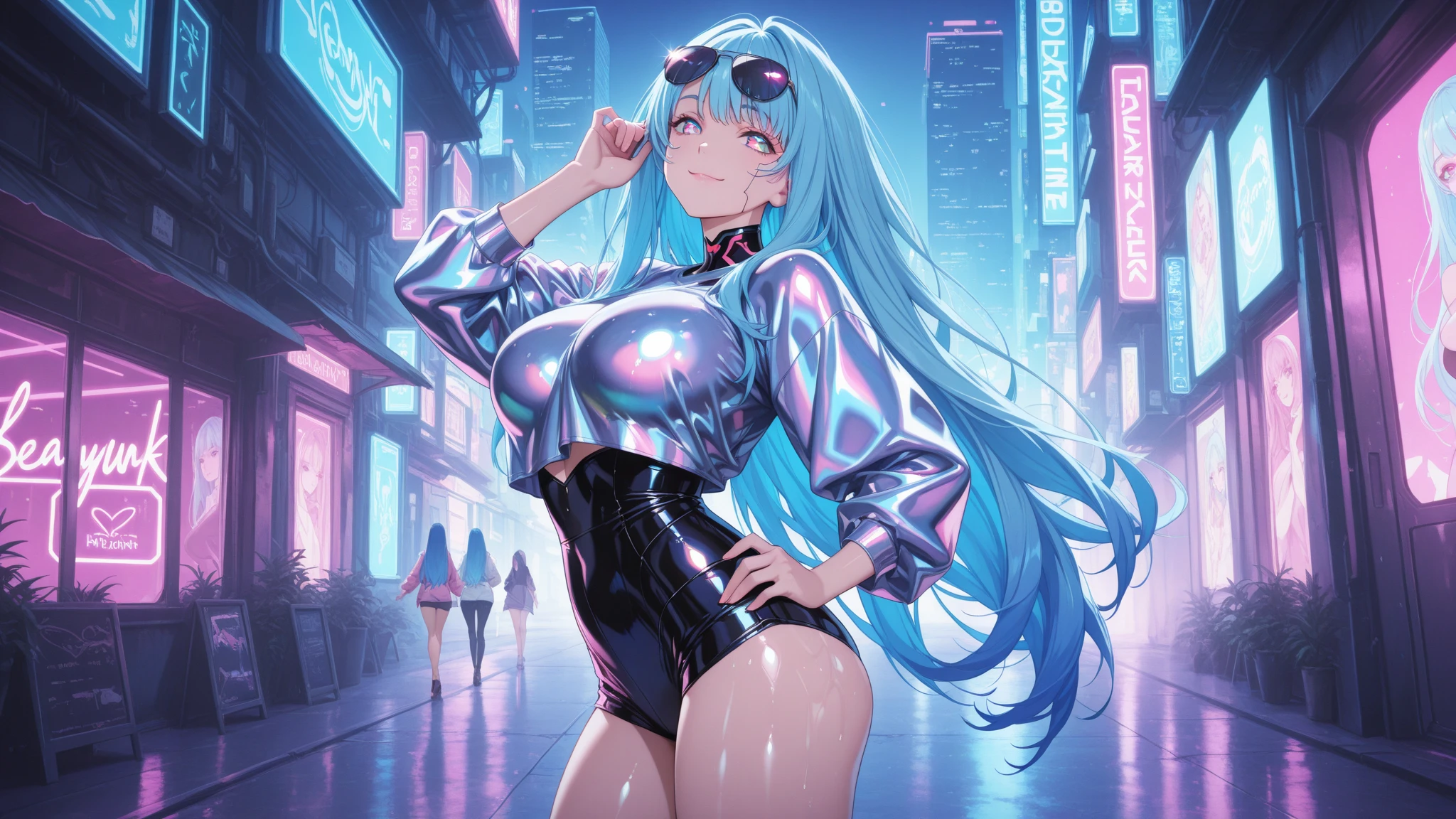 1girl, 2d, flat, clear color PVC clothing, clear color vinyl clothing:1.2, prismatic, holographic、clear leotard、chromatic aberration, clear skin, shiny hair,aerial、curvy、ultra detailed eyes, eye highlights, long hair, sunglasses, fashion illustration, city,shiny night view