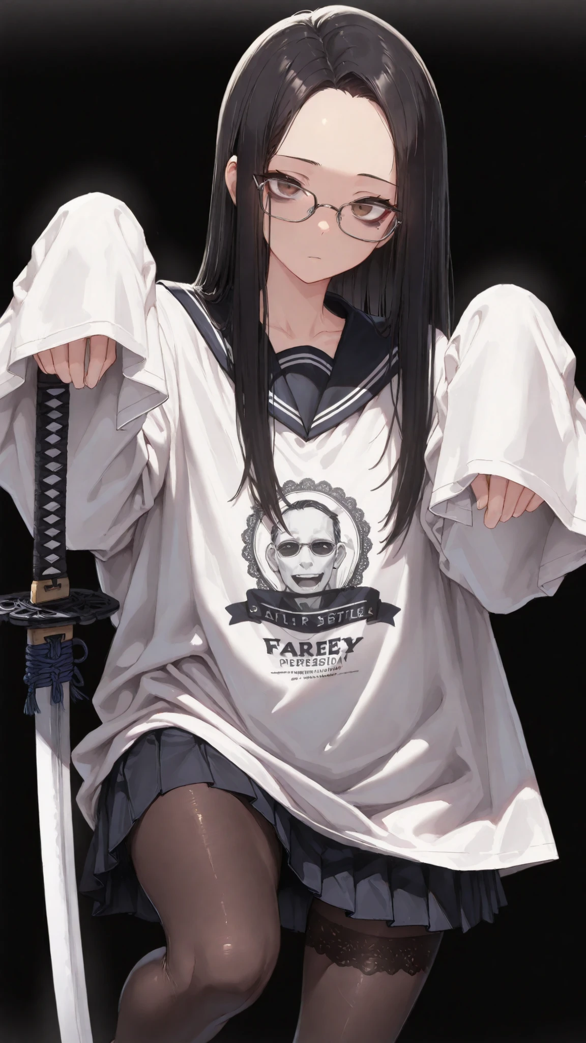 ,,JK,oversized shirt,Shelley Gee, (masterpiece, top quality, High precision in selection: 1.2), , Alone, (masterpiece, best quality:1.2), baltolomeobari , Kiyomi , (1girl, solo), (long black hair, STRAIGHT HAIR, Forehead), brown eyes, (Serofu, lace fabricセーラー服)、cowboy shot、lace fabricのレオタード、Long Pleated Skirt、BLACK BACKGROUND、pantyhose、stand on one leg、black sailor color、lace fabric、growing、thin、ghost pose in long-sleeved clothing、Oversized uniform、No expression、glasses、Dark circles under the eyes、holding a Japanese sword、Fair skin、Young man wearing an unhealthy 、