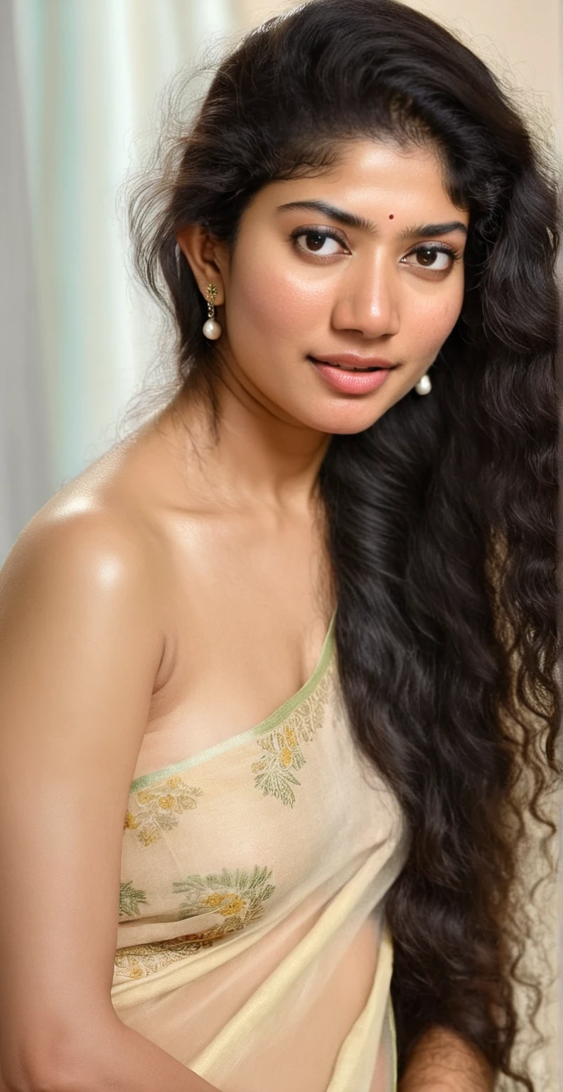 ultrarealistic hires full body nude nipple show,pussy show  of a 30-year-old sai pallavi ,slim body, laying on bed