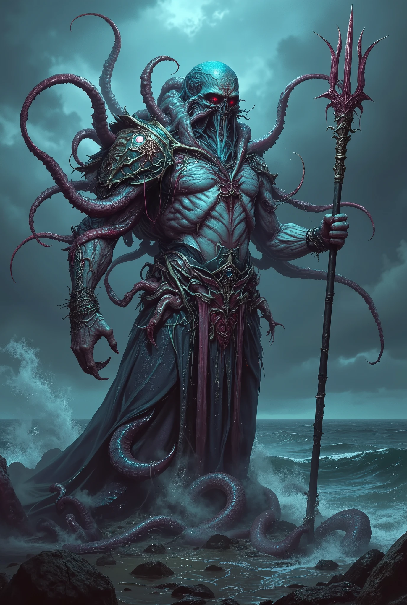 neon colored, (photos realistic:1.7), eldritch god of the deep sea, Cthulhu-inspired Poseidon, muscular humanoid with pallid, water-worn skin, wearing ancient oceanic armor with crustacean motifs, tentacles flowing from waist and back, holding a trident dripping with seaweed and blood, stormy misty seashore background, dark fantasy, cinematic lighting, hyper-detailed, by zisław Beksiński and H.R. Giger